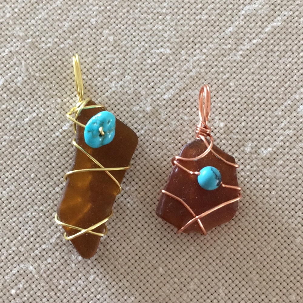Hand Crafted 2 Pendants Brown Turquoise Gold Copper Toned